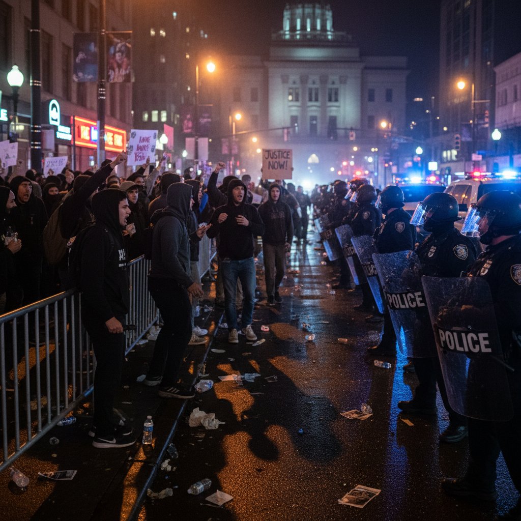 Policja podczas protestu, tłum ludzi, napięta atmosfera, symboliczny moment oporu