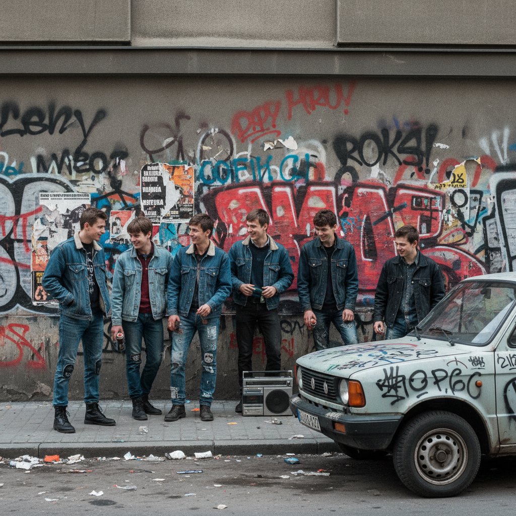 Stare zdjęcie młodych ludzi z lat 80., graffiti, Warszawa, klimat PRL, atmosfera buntu