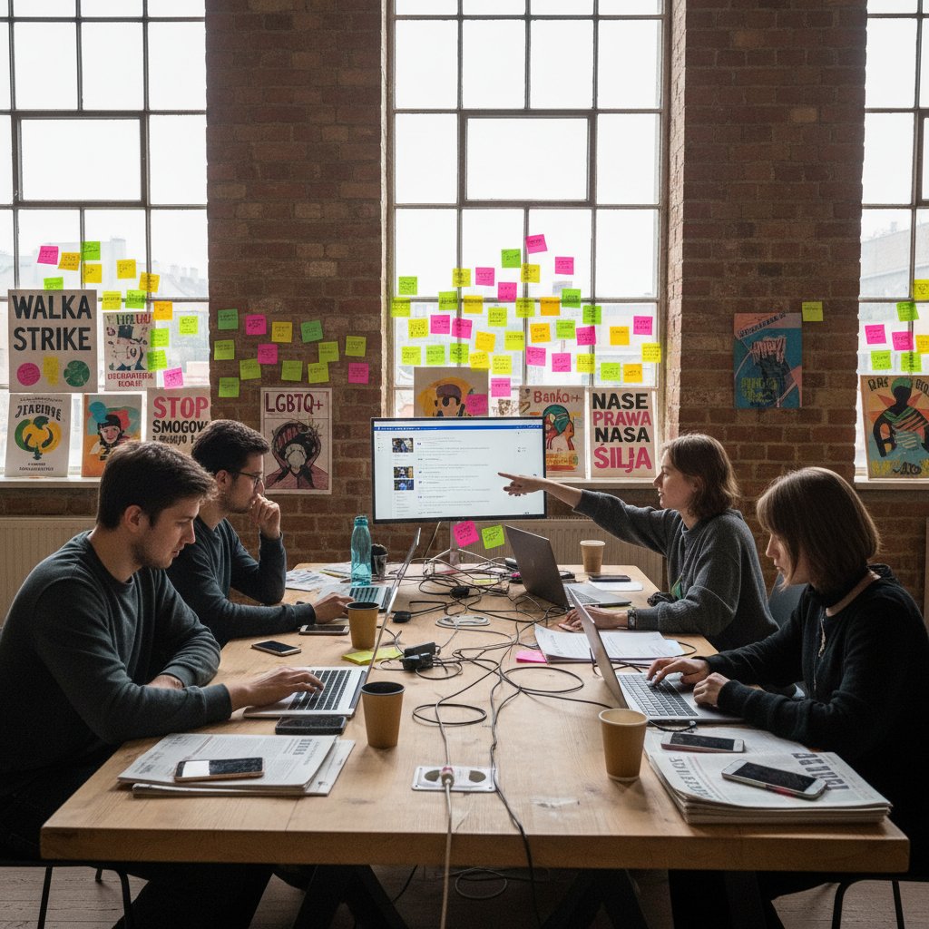 Grupa polskich aktywistów analizuje trendy wiadomości w miejskim biurze