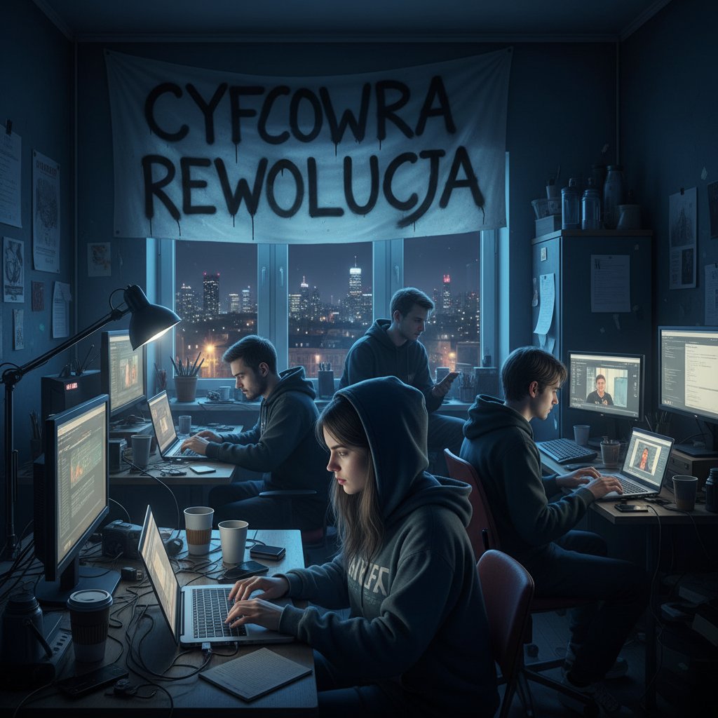 Grupa polskich aktywistów z telefonami przy laptopach w ciemnym mieszkaniu, społeczeństwo obywatelskie online