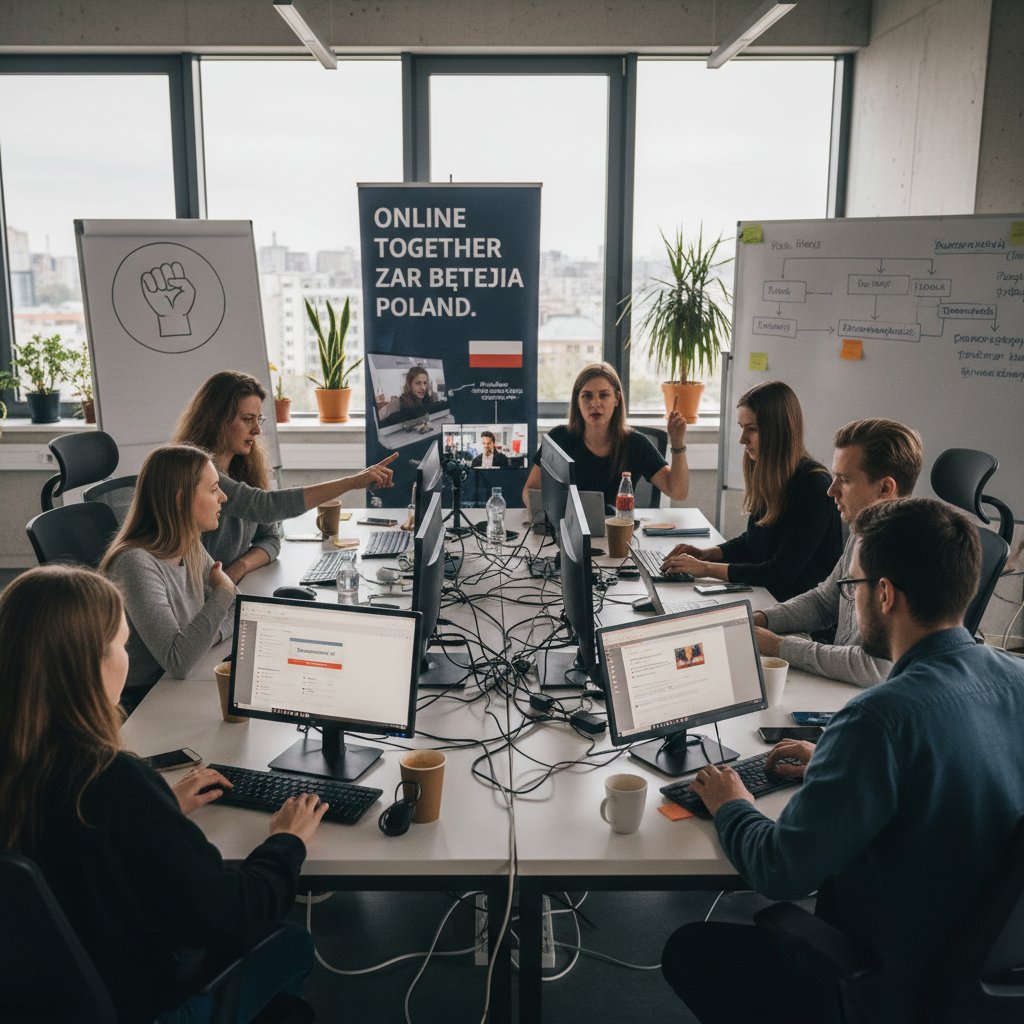 Polskie aktywistki i aktywiści pracujący razem przy komputerze, przewodnik po aktywizmie online