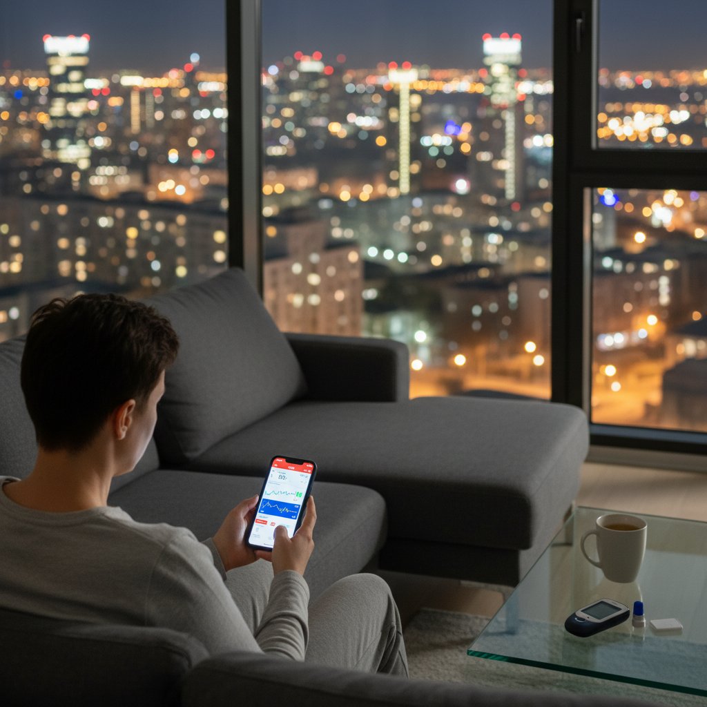 Pokój w bloku w nocy, młody dorosły Polak patrzy na aplikację do kontroli cukru, światło ekranu i miejskie światła za oknem