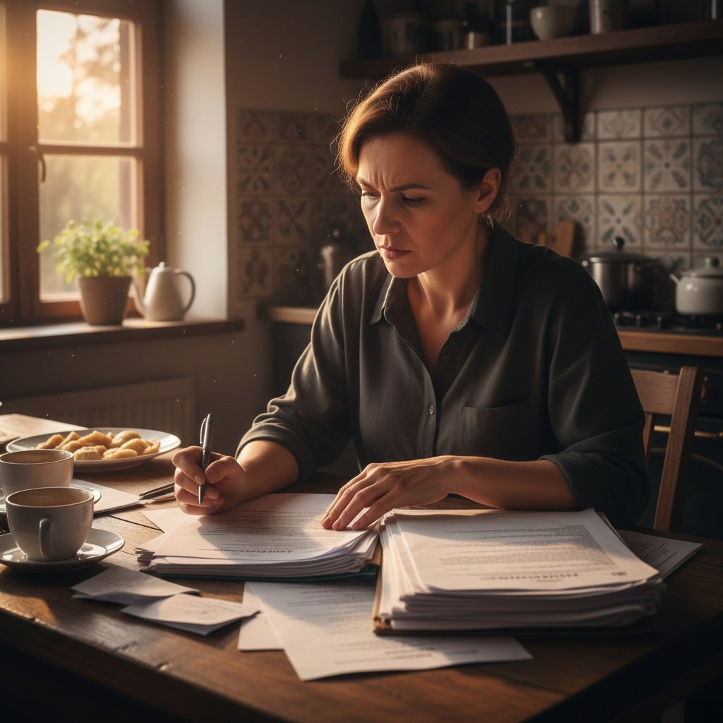 Osoba analizuje dokumenty prawne przy stole, laptop z otwartą stroną prawniczą, wieczorne światło