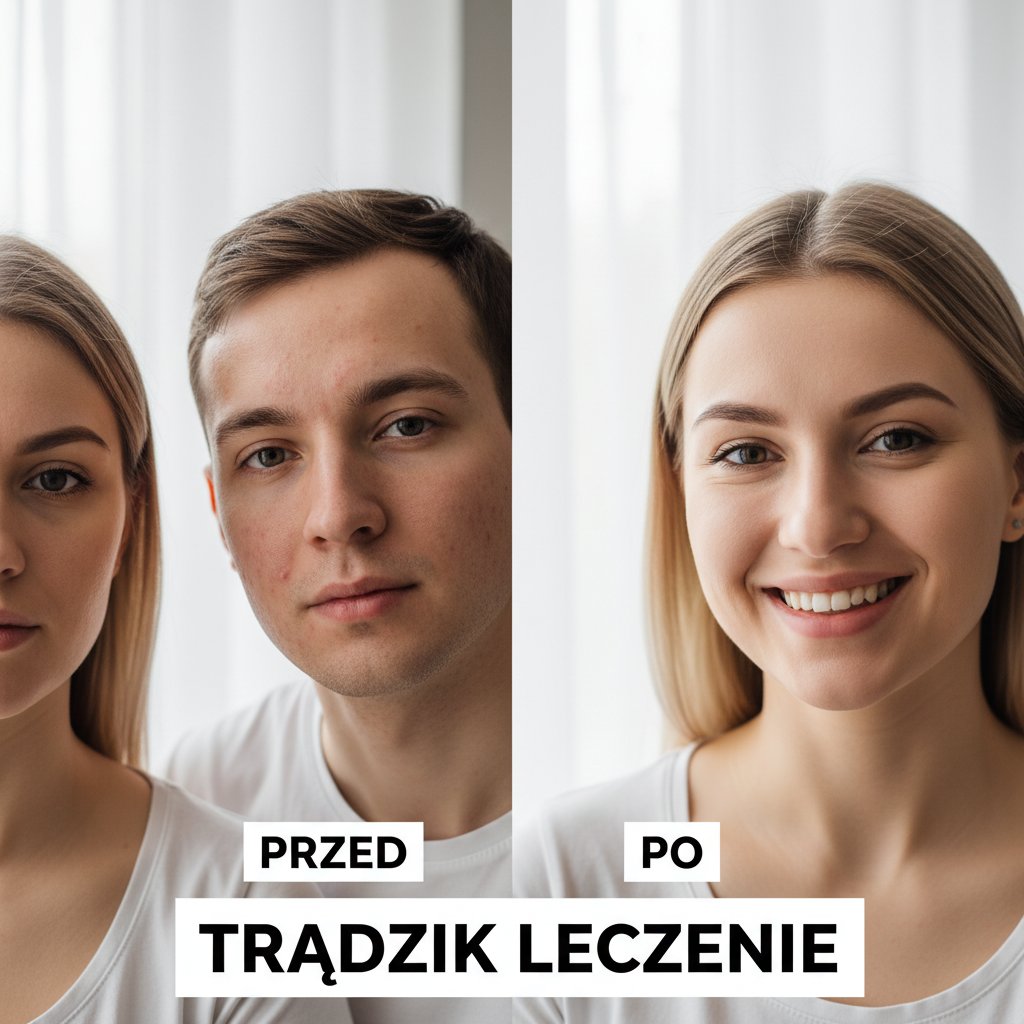 Trzy portrety dorosłych Polaków przed i po skutecznym leczeniu trądziku, naturalne światło, autentyczność