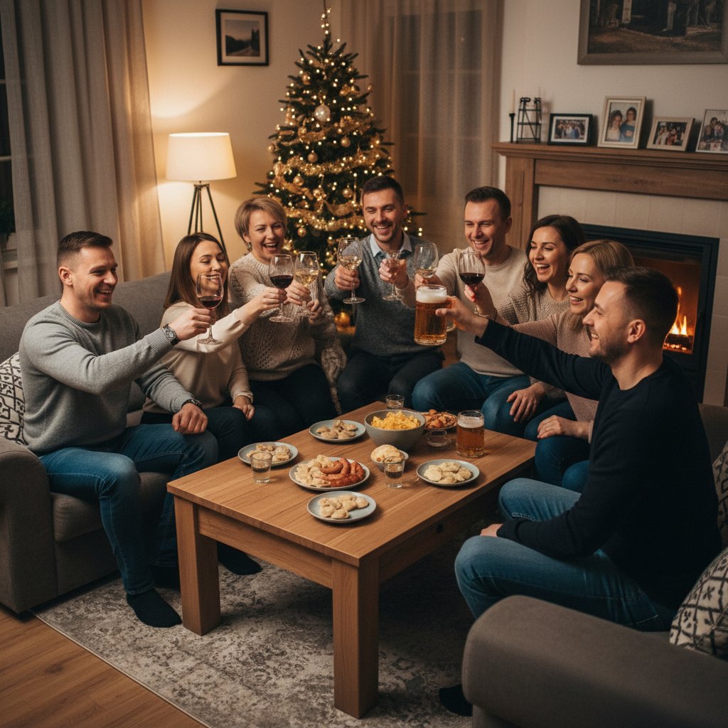Grupa dorosłych Polaków świętujących w mieszkaniu, kieliszki z alkoholem, atmosfera codzienności