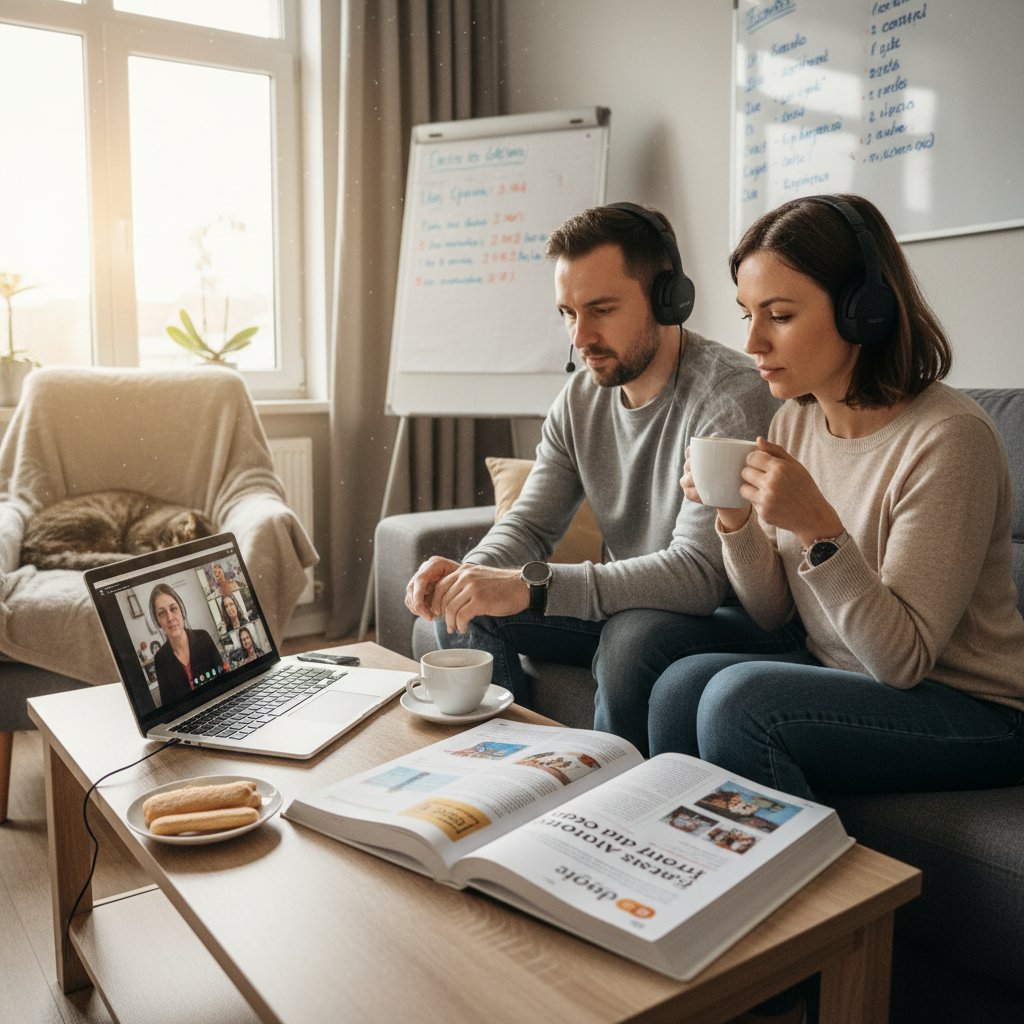 Dorośli Polacy uczący się hiszpańskiego online w domowym zaciszu