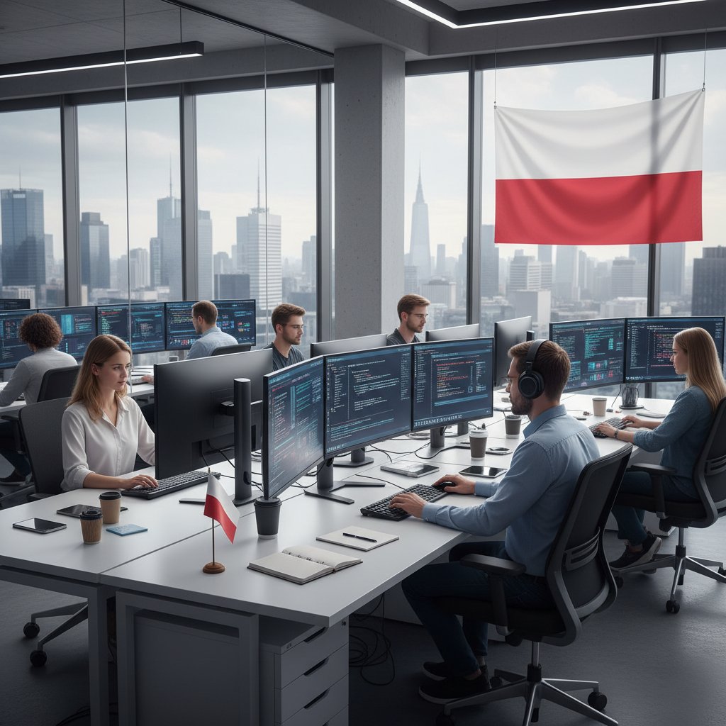 Zespół polskich twórców AI pracujący w nowoczesnym biurze, ekrany, kodowanie, polska flaga