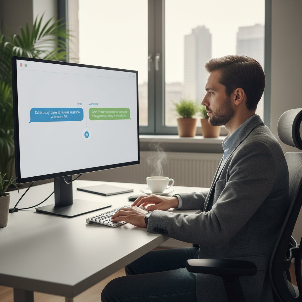 Polski specjalista AI projektujący scenariusze rozmów chatbotów na ekranie komputera w nowoczesnym biurze
