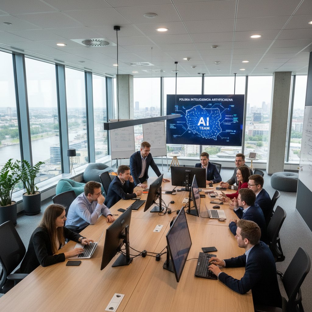 Polski zespół AI, nowoczesne biuro, współpraca przy wdrożeniu wirtualnych pracowników do maili