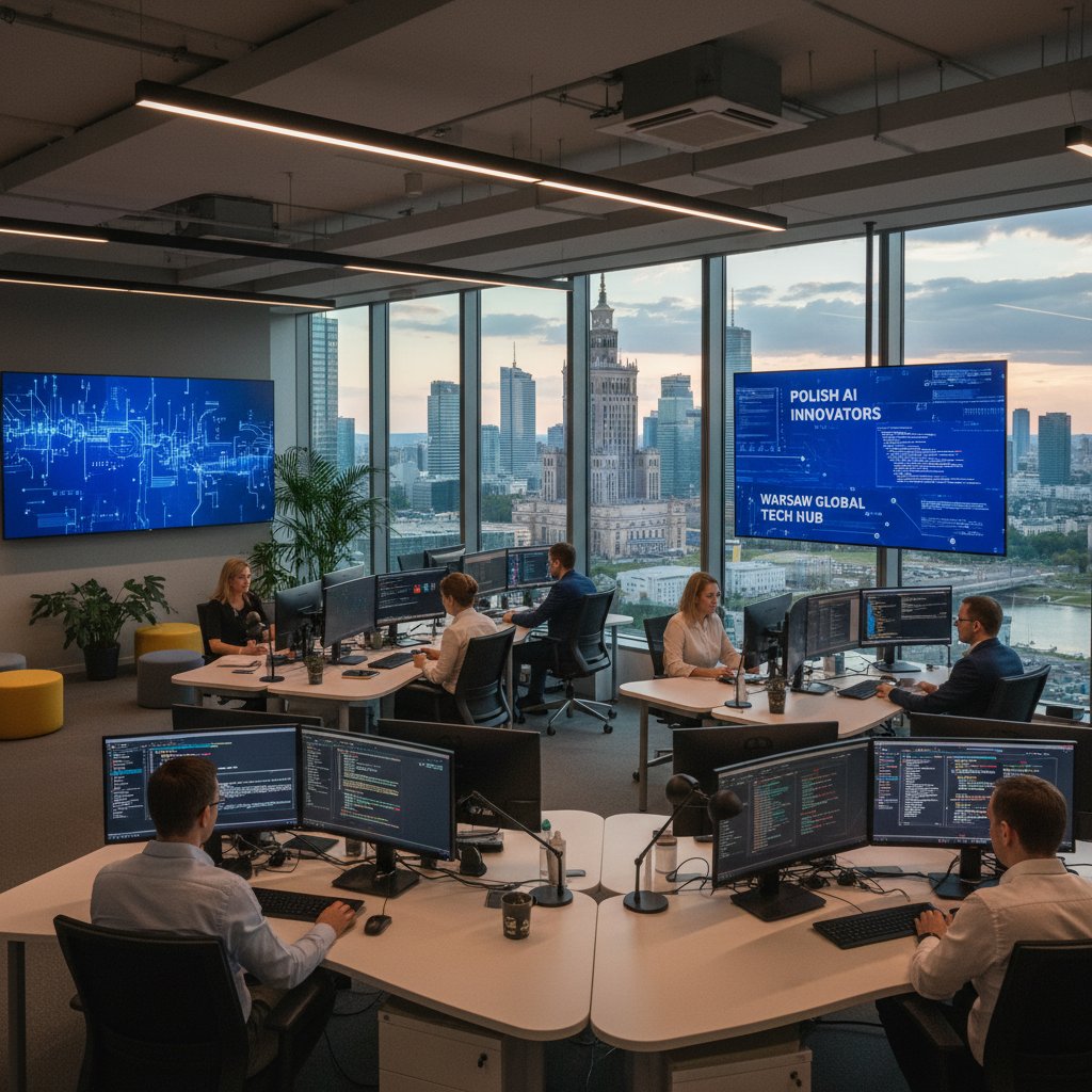 Polski zespół AI pracujący w nowoczesnym biurze w Warszawie, widoczne panoramy miasta i cyfrowe ekrany