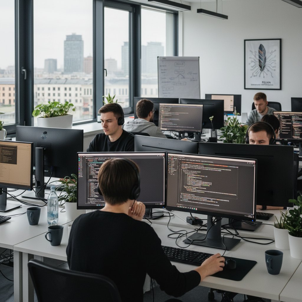 Zespół polskich specjalistów AI współpracujący przy komputerach