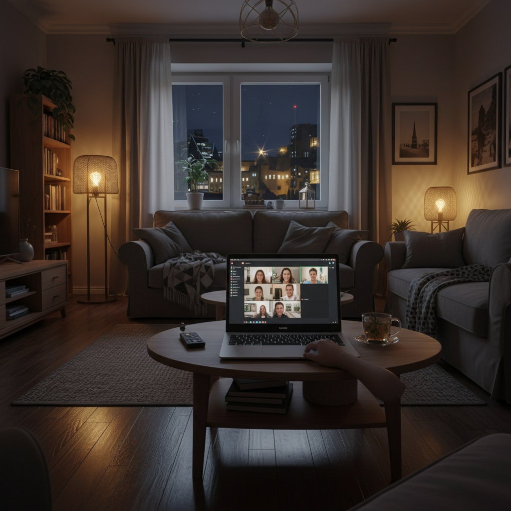 Nocna scena w polskim mieszkaniu z laptopem, dorosły zamyślony nad rozmową online