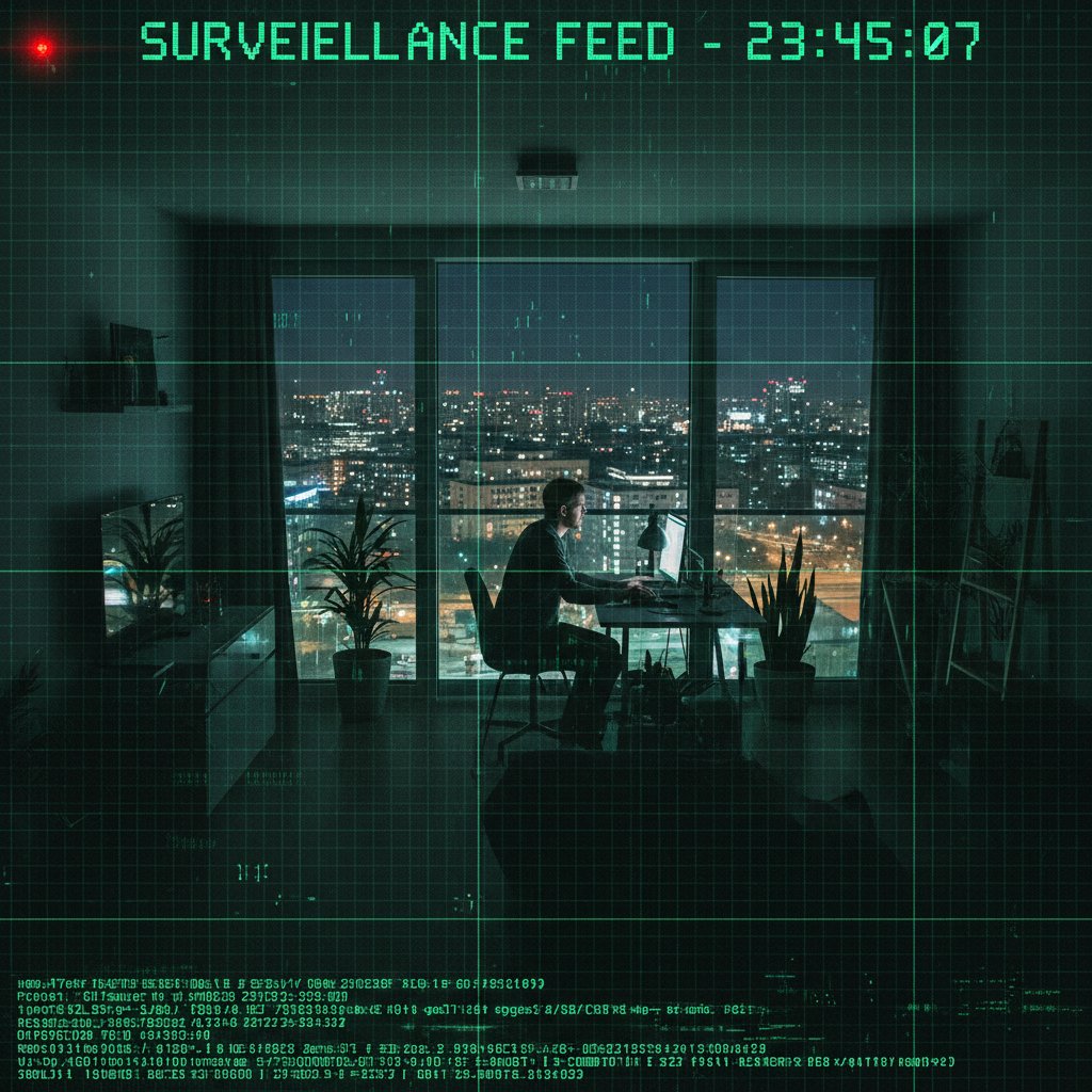 Stary blok mieszkalny nocą, światła w oknach, aura tajemnicy i cyfrowego monitoringu