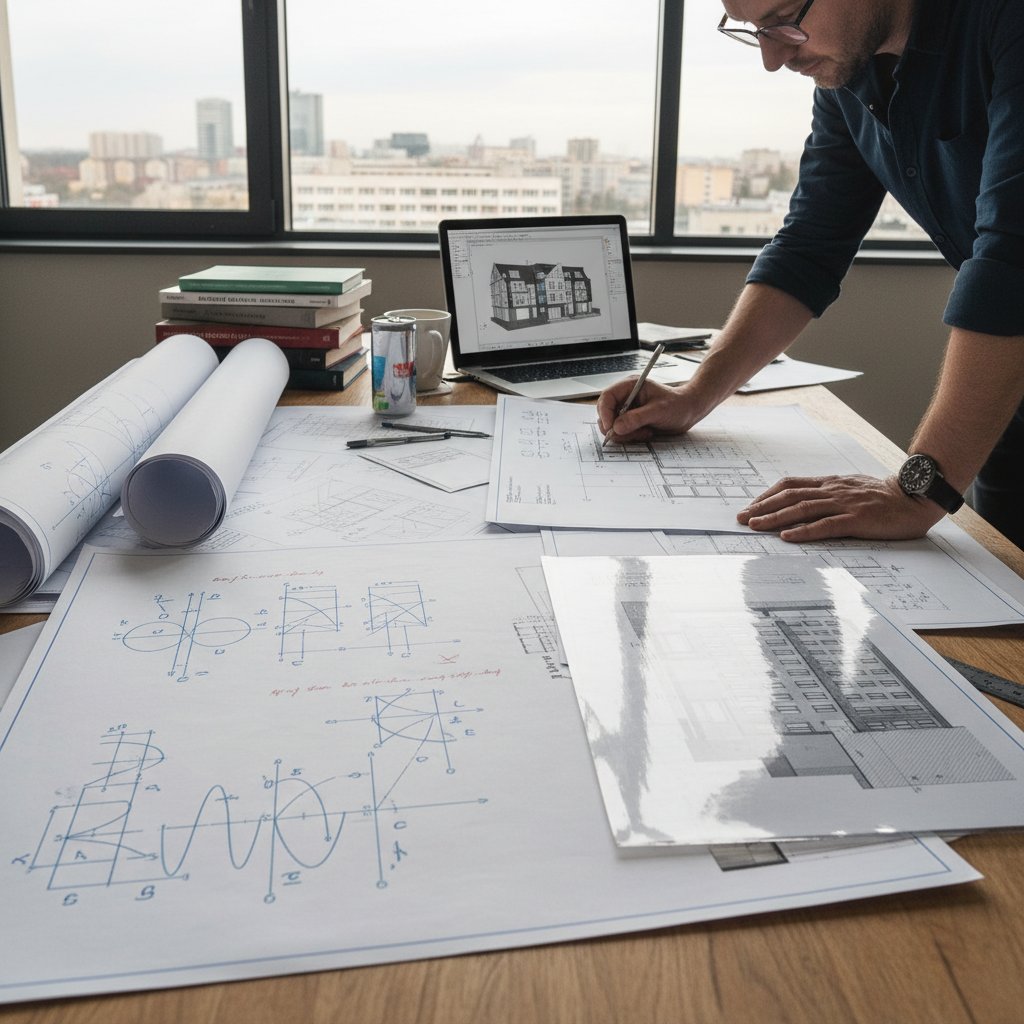 Polski architekt analizujący plany z naniesionymi wzorami trygonometrycznymi, praca przy biurku, narzędzia rysunkowe