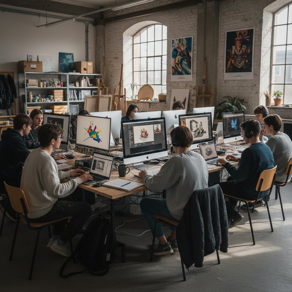 Zróżnicowana grupa ludzi przed komputerami – uczniowie, artyści, nauczyciele – korzystająca z pomocy plastyka online