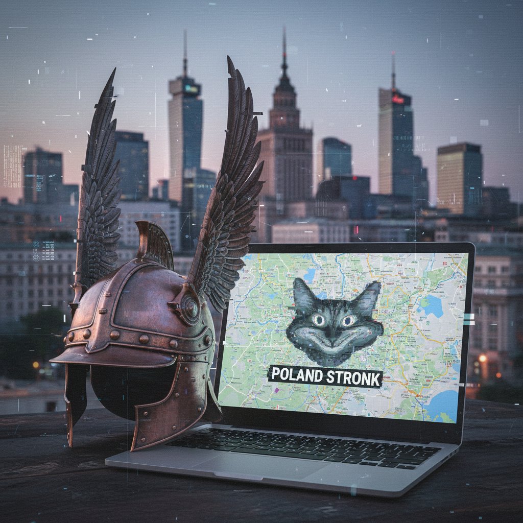 Stare polskie dzieło sztuki digitalizowane na nowoczesnym laptopie, migoczące efekty cyfrowe i subtelne nakładki z memami, tło miejskie, wysoki kontrast