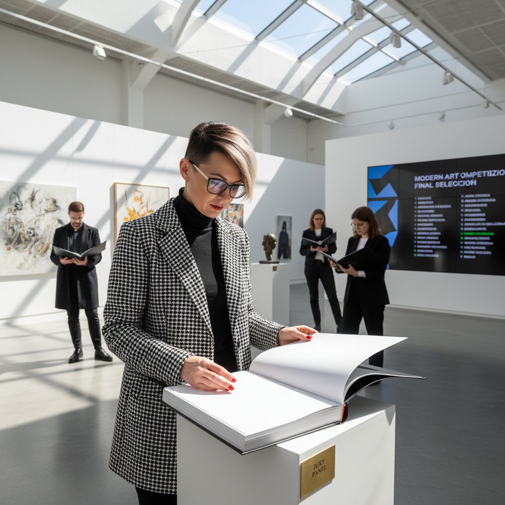 Polski artysta analizujący portfolio na tle nowoczesnej galerii, konkurencja