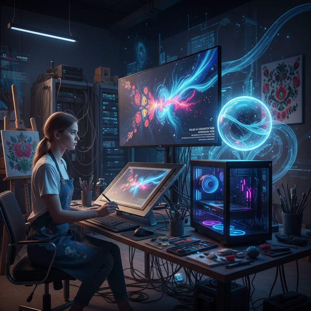 Polski artysta i komputer, wspólne tworzenie obrazu AI, atmosfera kreatywności