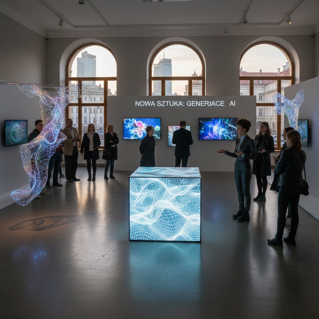 Artystka w galerii, prezentująca obraz wygenerowany razem z AI, innowacyjność w polskiej sztuce
