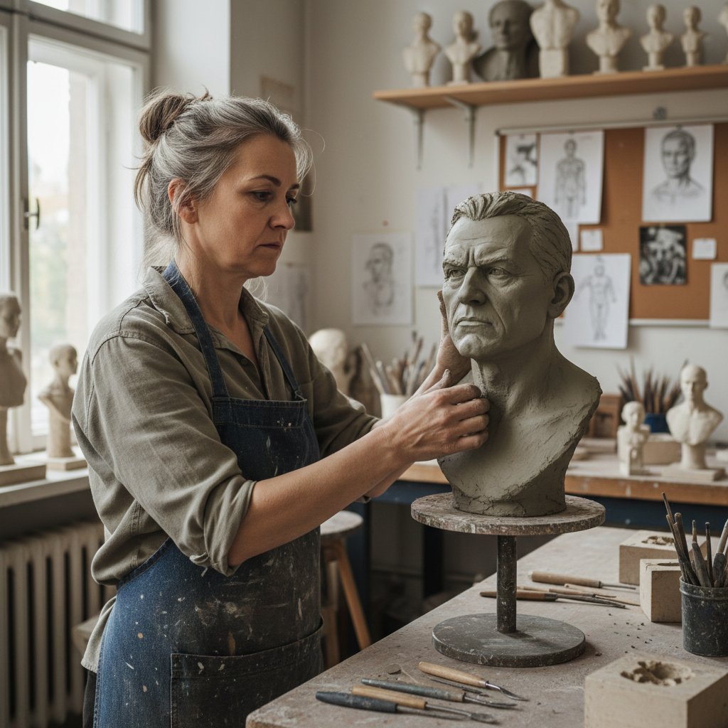 Artysta rzeźbiący realistyczny portret człowieka w pracowni