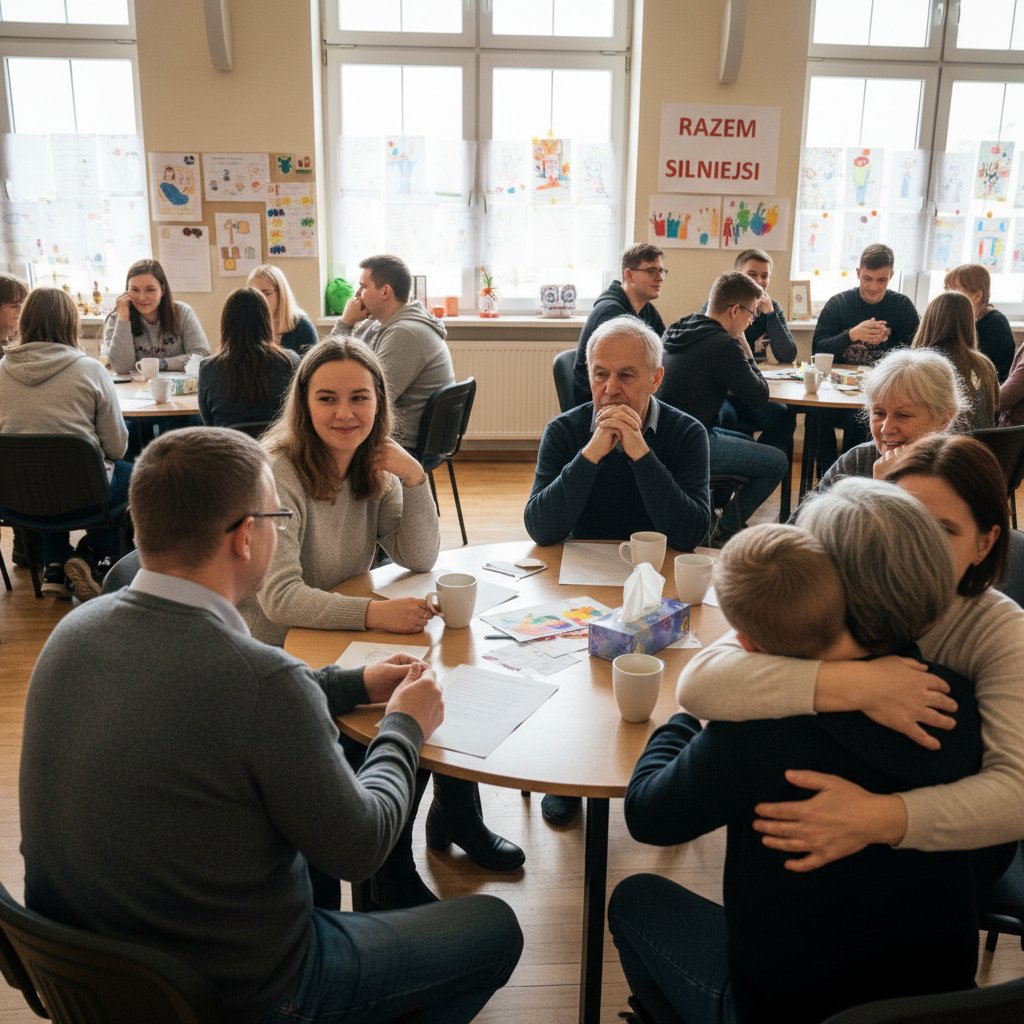 Spotkanie grupy wsparcia dla osób z autyzmem w Polsce, różne pokolenia i emocjonalne więzi.