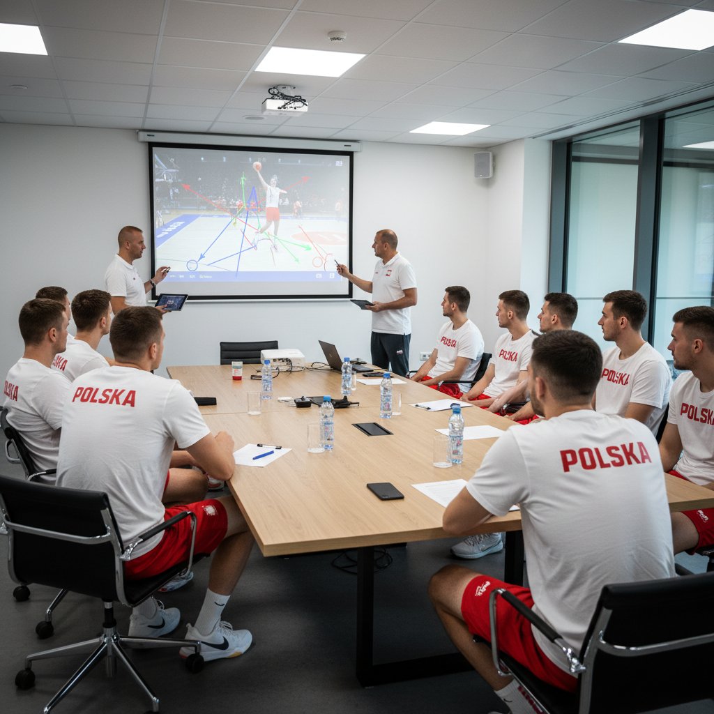 Grupa polskich koszykarzy podczas nowoczesnego treningu z analitykiem