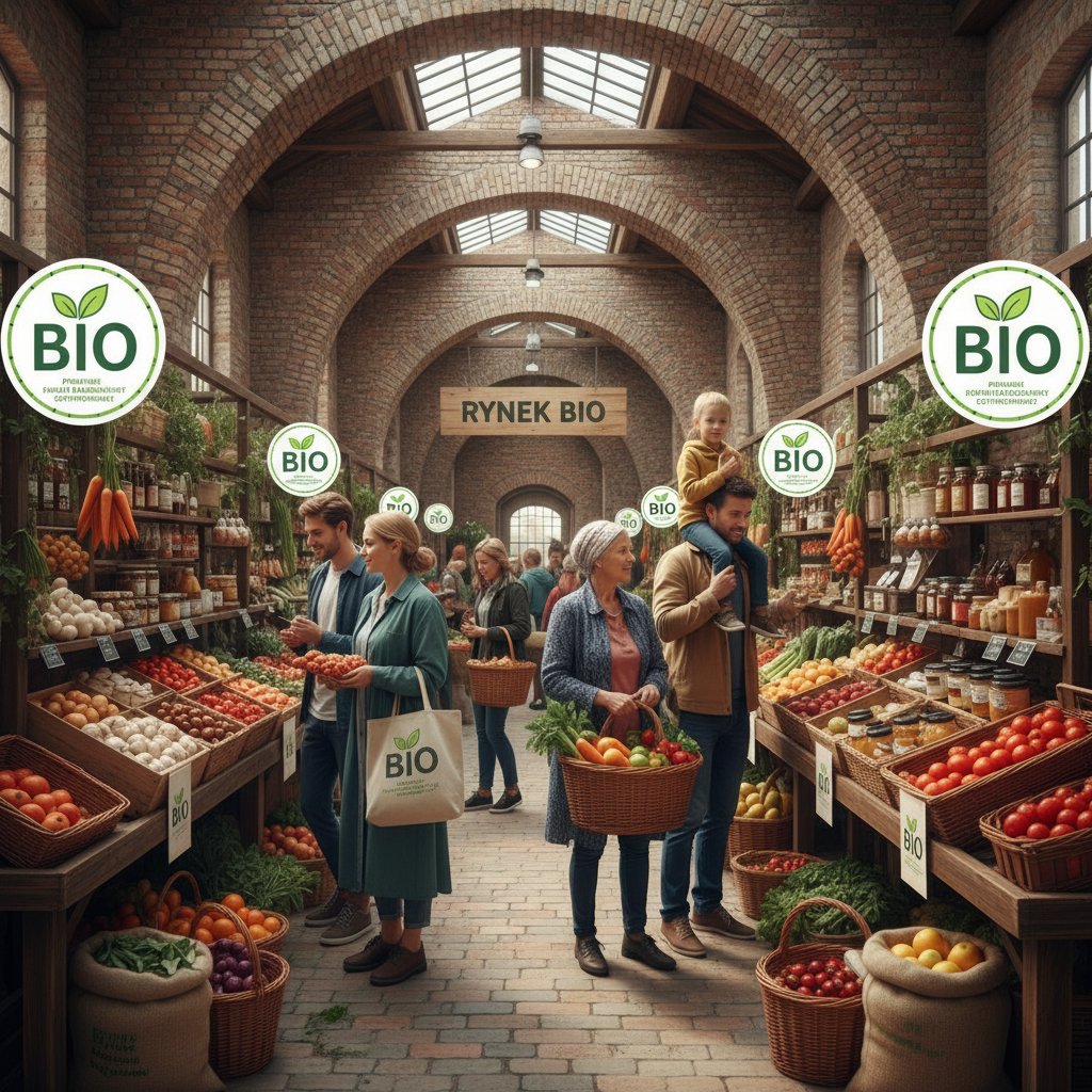 Kolorowa półka z produktami bio w polskim sklepie, widoczne certyfikaty i różnorodni klienci