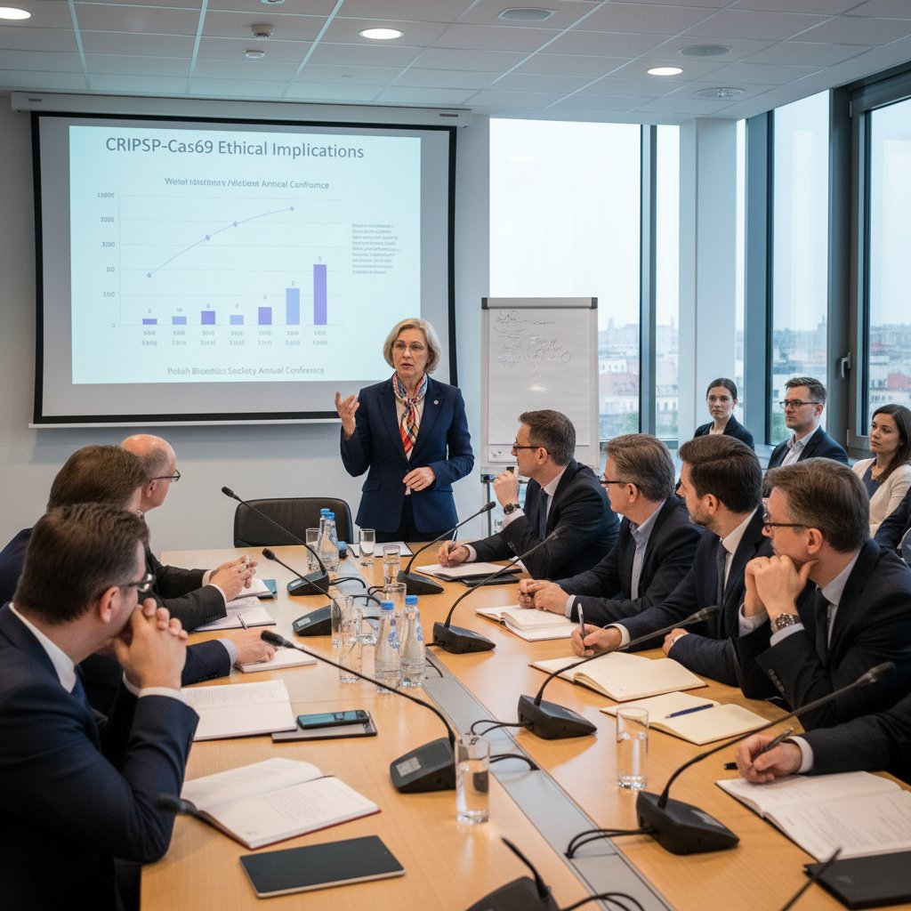 Polski ekspert bioetyki podczas debaty naukowej w nowoczesnej sali konferencyjnej
