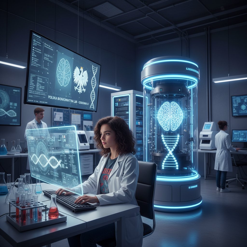 Programista pracujący nad algorytmem AI w polskim laboratorium bioinformatycznym, ekrany z analizą DNA