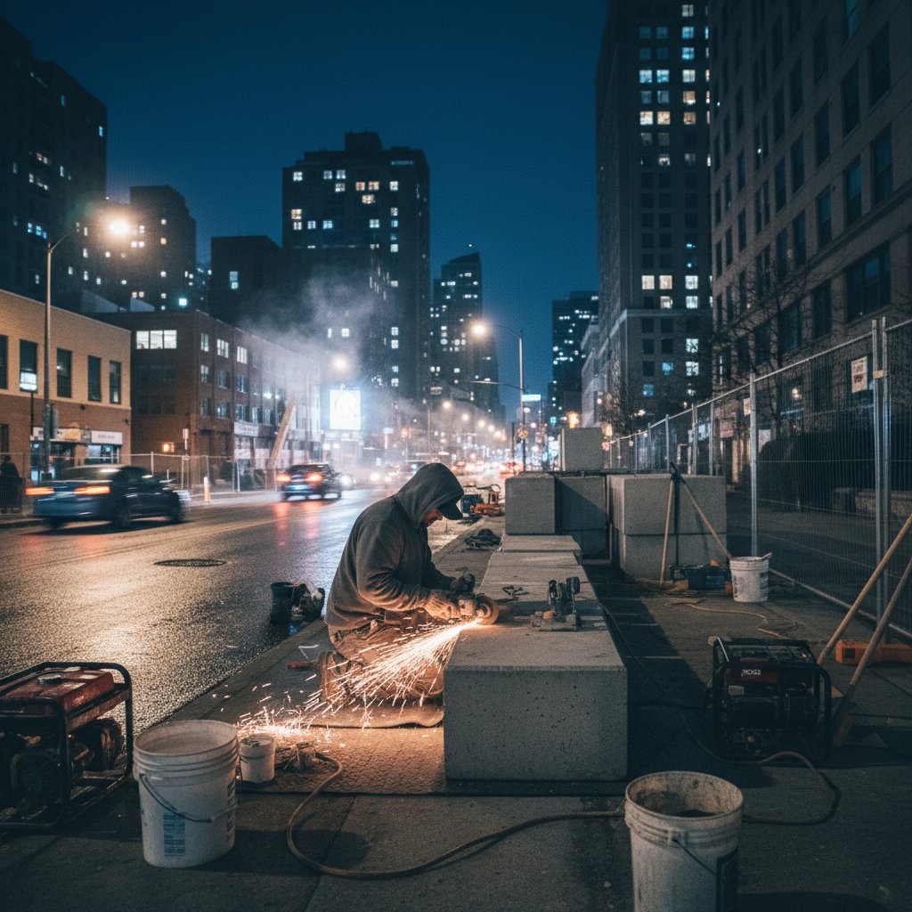 Widok na polskie blokowisko nocą, z zamazanym przechodniem, który symbolizuje anonimowość pracy bez umowy