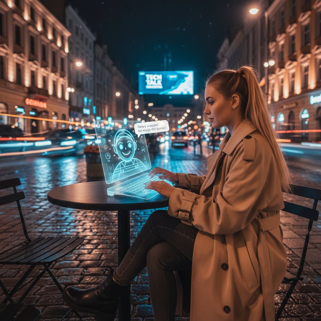 Młody bloger przy komputerze w nocy, ekran z czatem AI i notatkami, napięcie i inspiracja