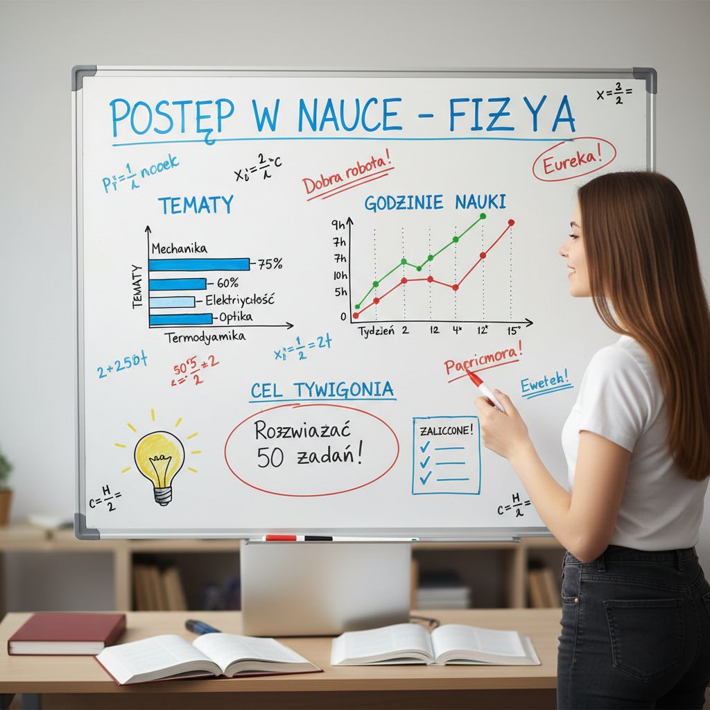 Tablica korkowa z wynikami nauki, wykresami i planami nauki fizyki, polski uczeń śledzący postępy