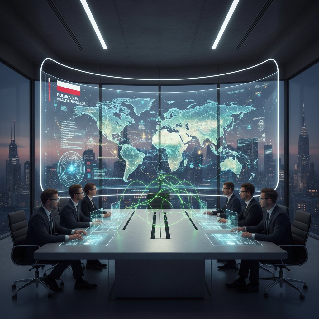 Zarząd firmy analizujący scenariusze na wielkim ekranie z mapą sieci powiązań