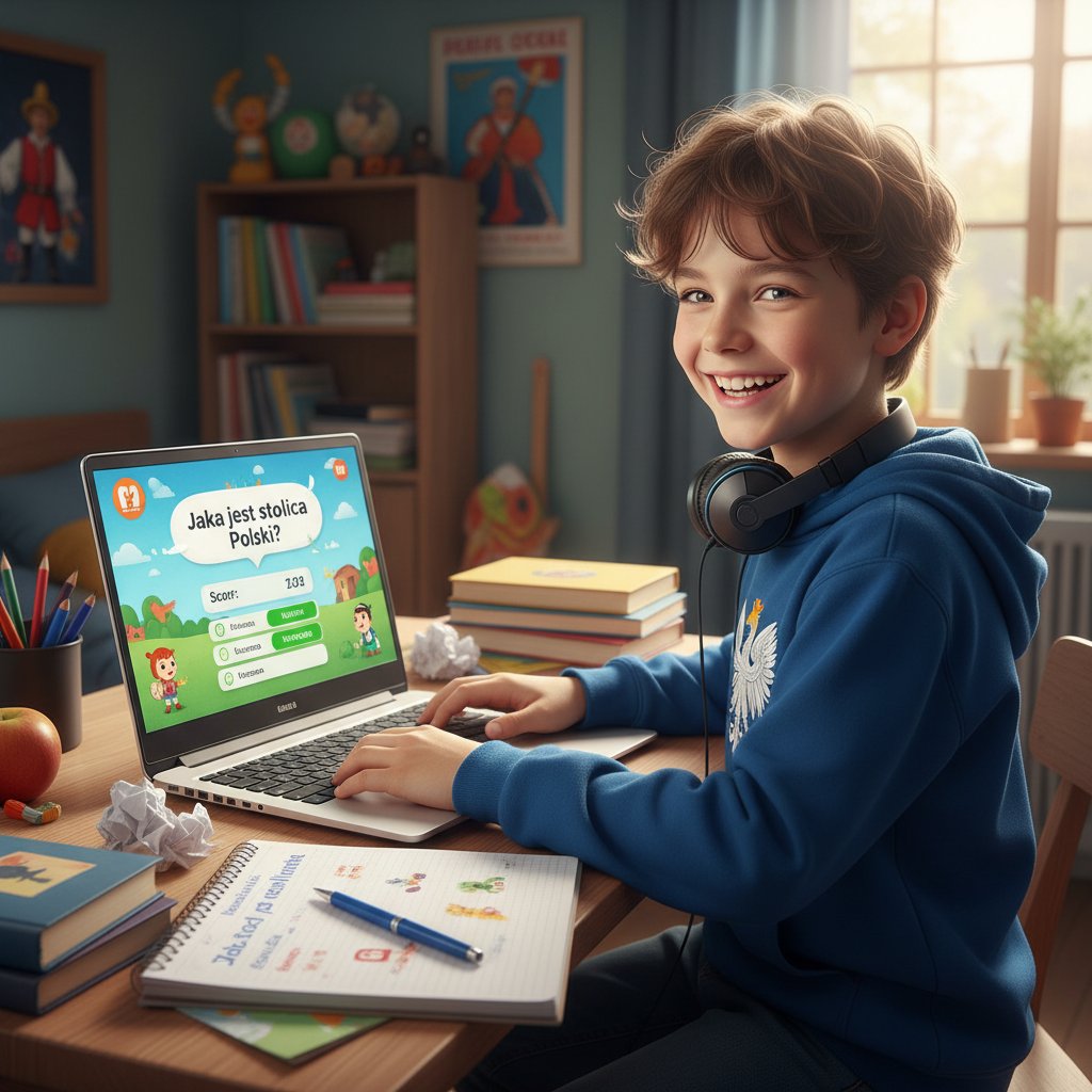 Młody uczeń uśmiechnięty przed komputerem, korzysta z quizu edukacyjnego, kolorowe notatki na biurku
