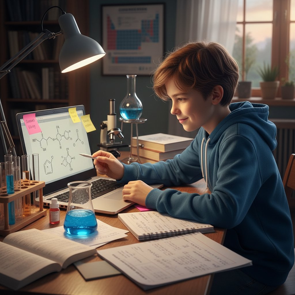 Mark w domu pracujący z laptopem i notatkami z chemii