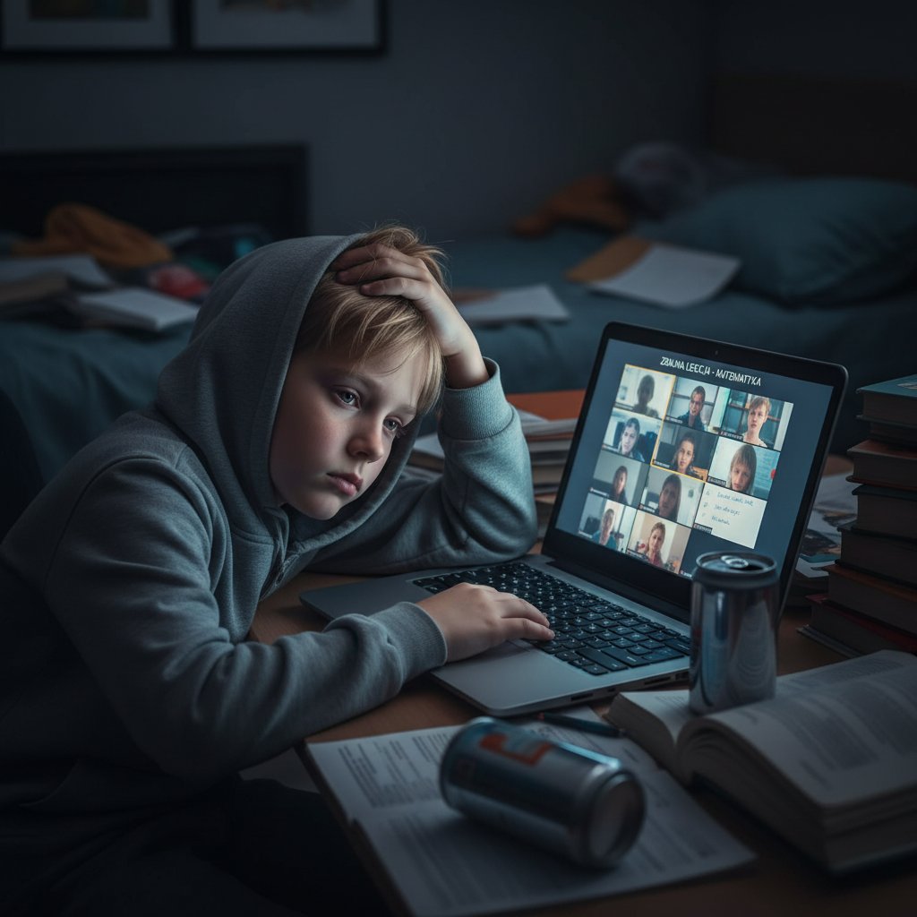 Chłopak zmęczony przed laptopem podczas lekcji online, zamyślony wyraz twarzy, atmosfera stresu