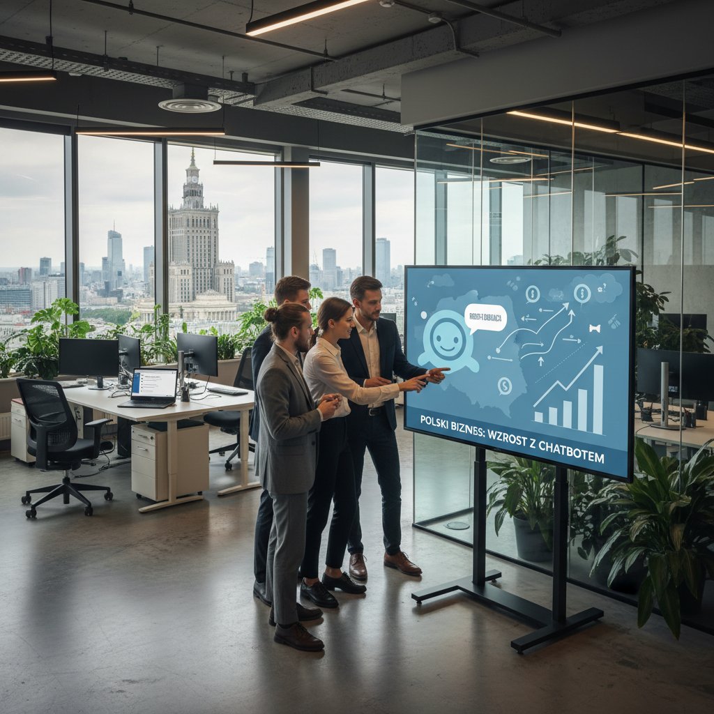 Statystyki polskich firm wdrażających chatboty, widoczne ikony chatbotów, dynamiczne tło biurowe