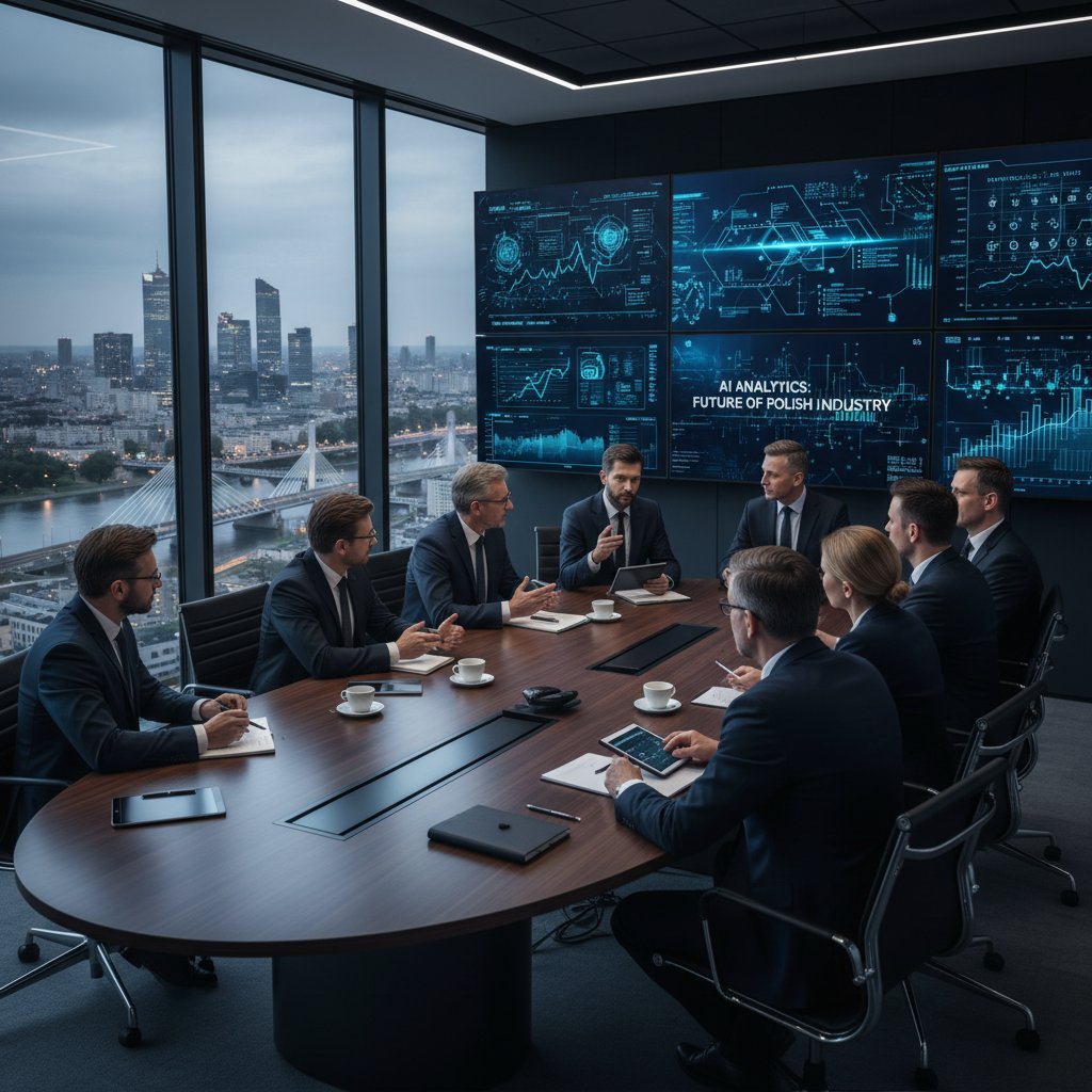 Zarząd polskiej firmy podczas burzliwej dyskusji o wdrożeniu AI, widoczne ekrany z wizualizacjami danych