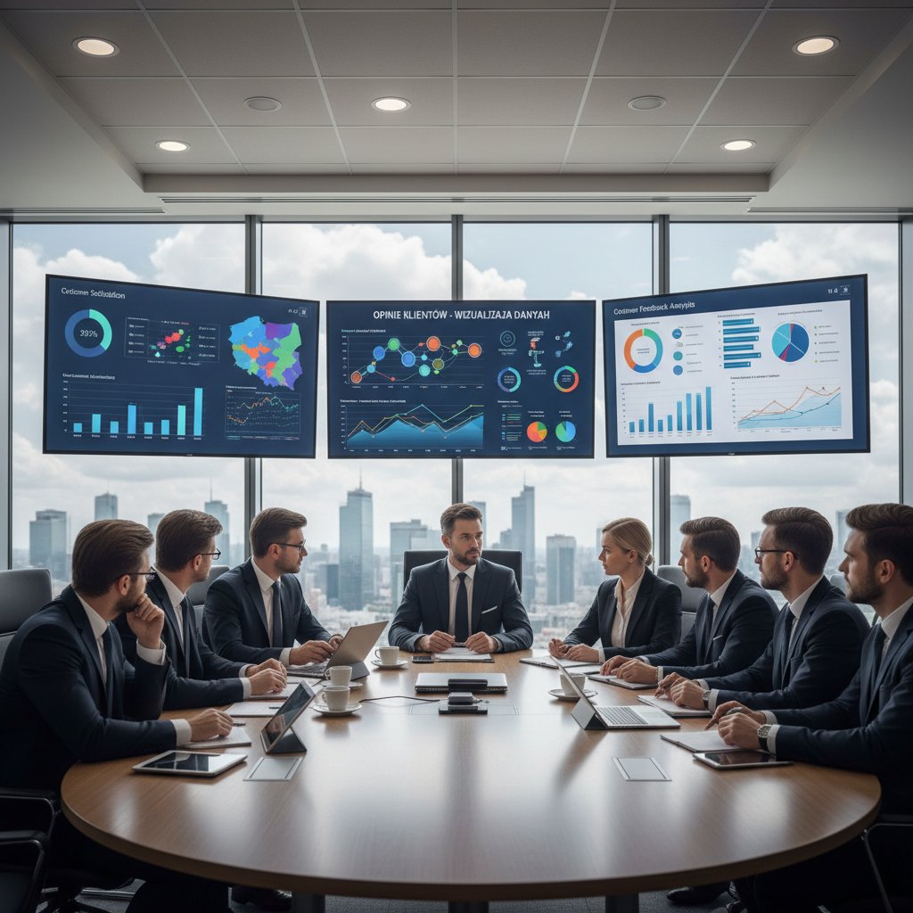 Zespół analizujący dane opinii klientów na spotkaniu biznesowym