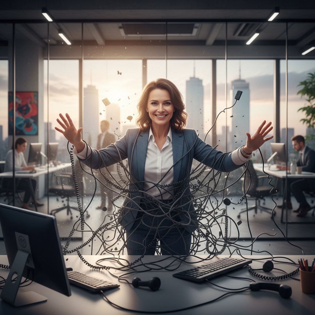 Właściciel firmy rozplątujący kable telefoniczne, symbolizujący zerwanie z outsourcingiem wsparcia klienta