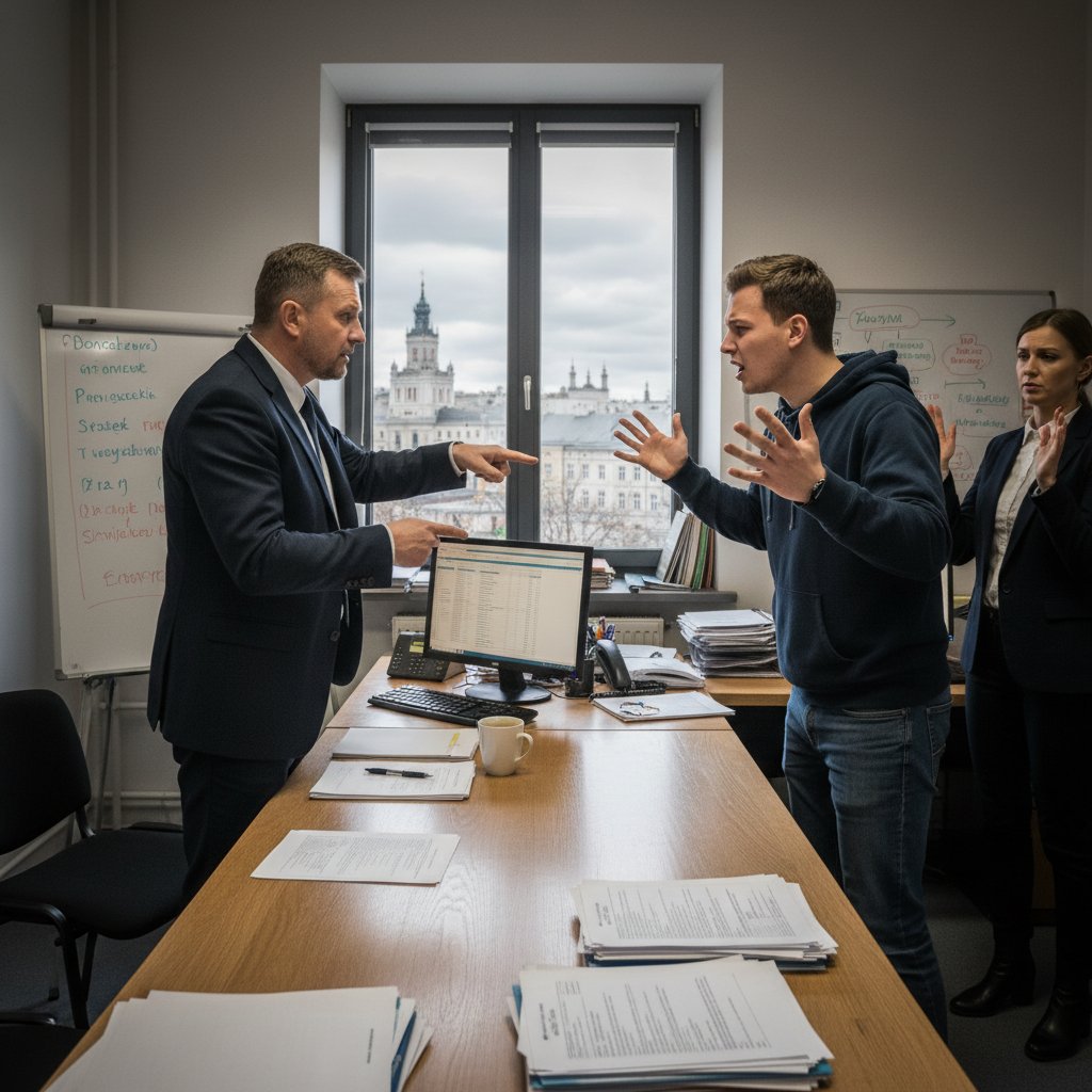 Sytuacja konfliktowa: polski przedsiębiorca i klient w żywiołowej dyskusji w biurze