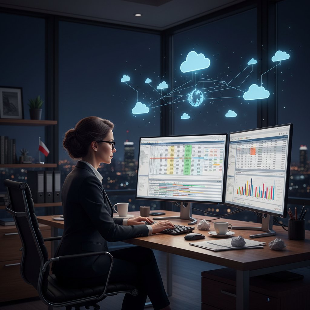 Nowoczesny przedsiębiorca analizuje wyniki w excelu online w biurze nocą