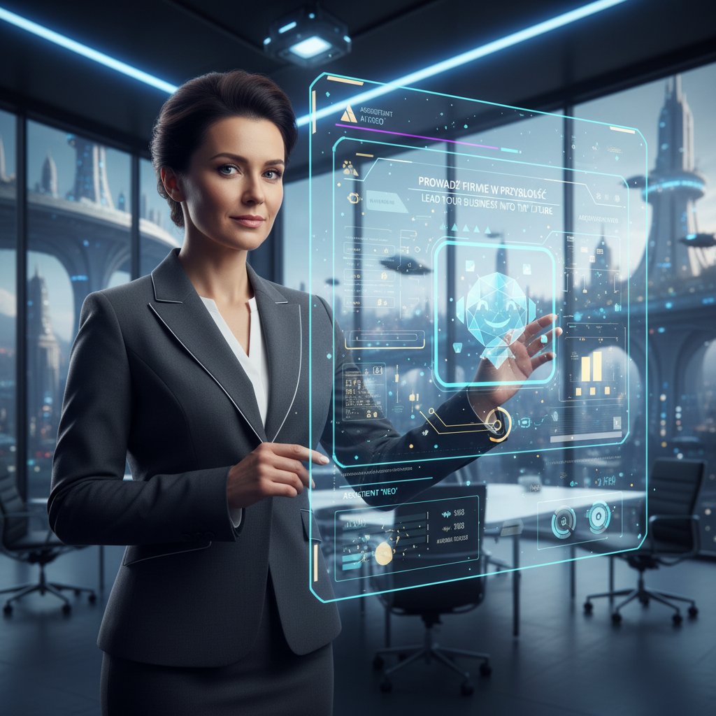 Polski przedsiębiorca korzystający z kreatora chatbotów w biurze nocą, obsługa klienta bez programowania