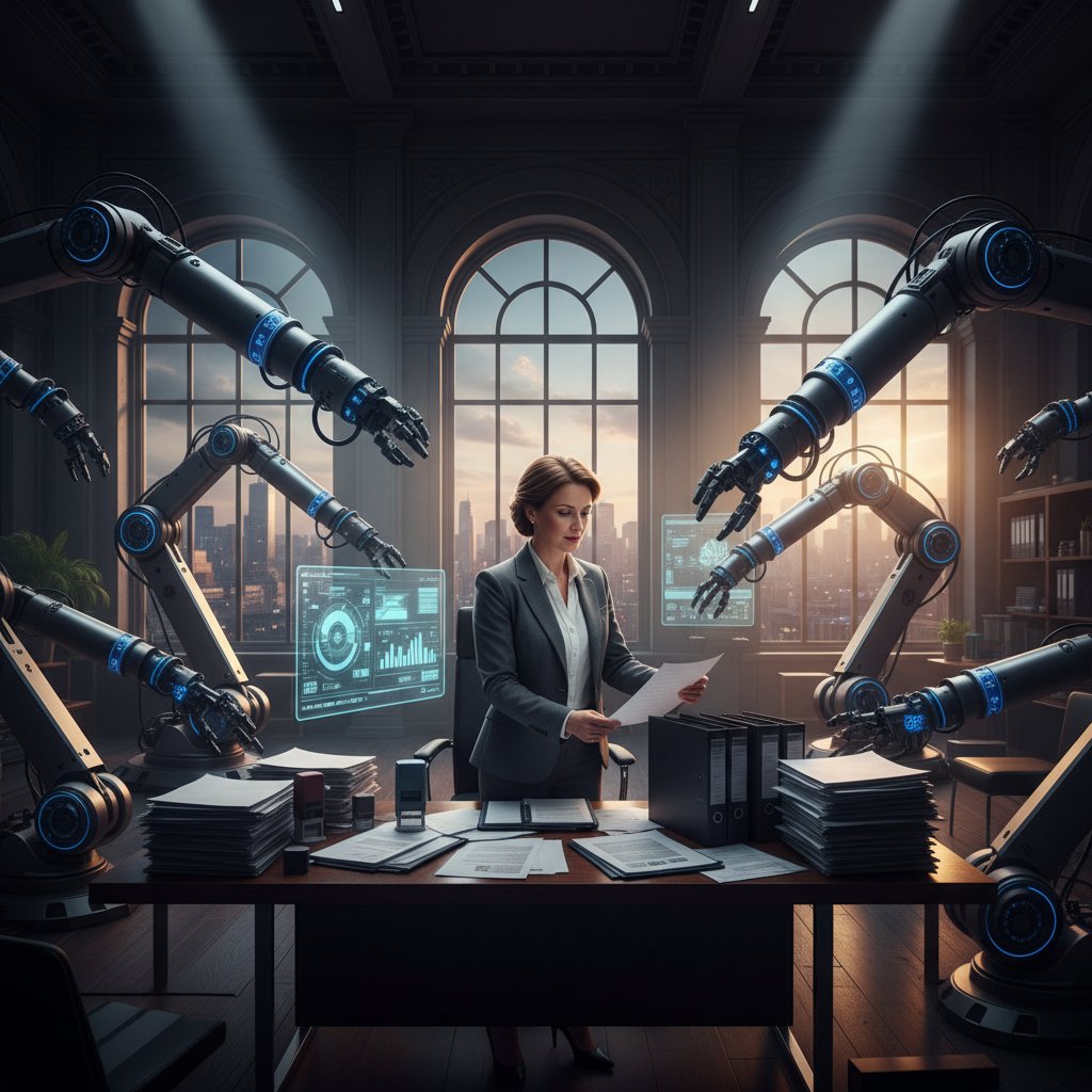 Właściciel małej firmy w Polsce między papierami a robotycznym ramieniem – kontrast chaosu i porządku, optymalizacja kosztów