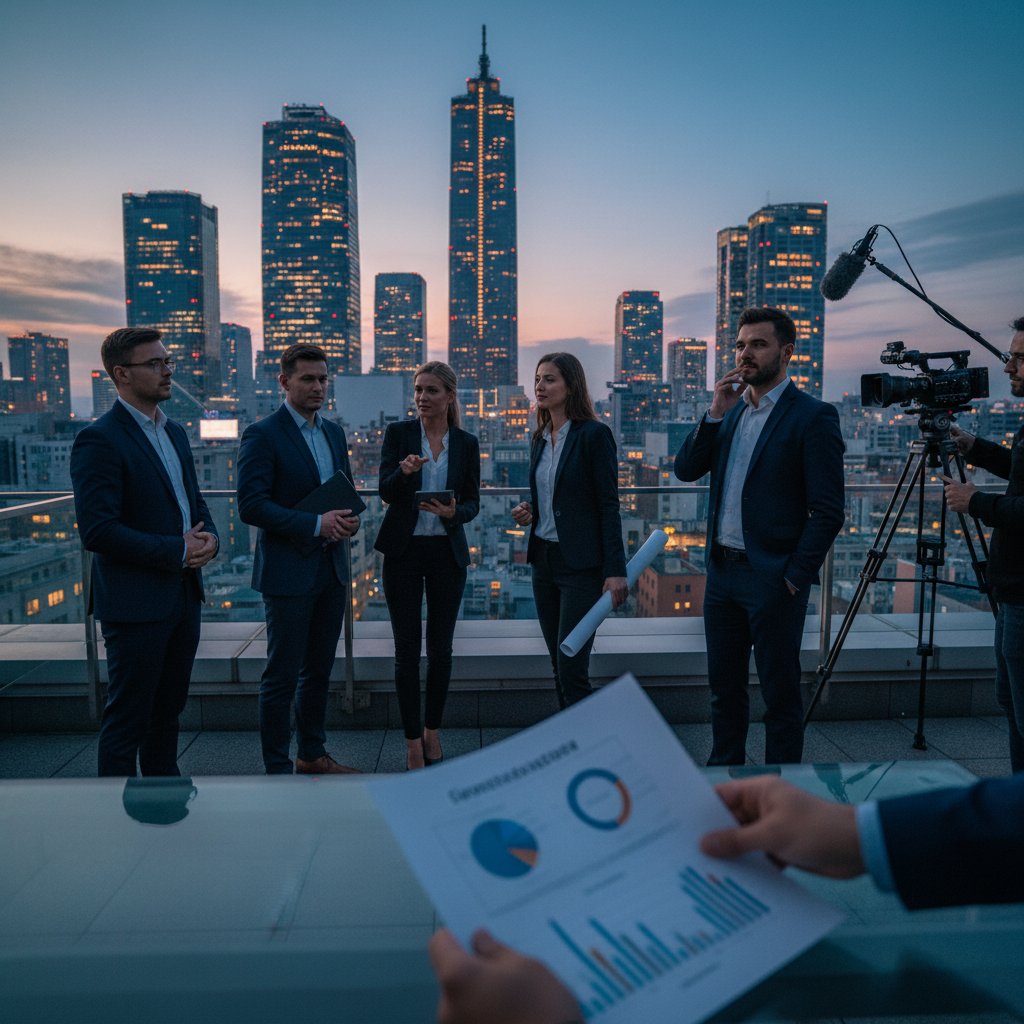 Polski zespół biznesowy w obcym mieście, niepewność na twarzach, wieczorny krajobraz