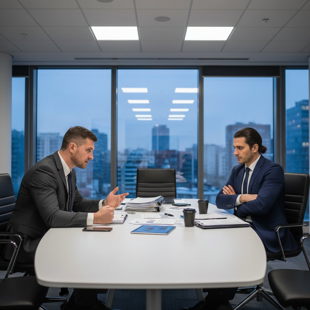 Międzynarodowe spotkanie biznesowe Polaka i Włocha, wyraźne napięcie, gestykulacja, nowoczesna sala konferencyjna