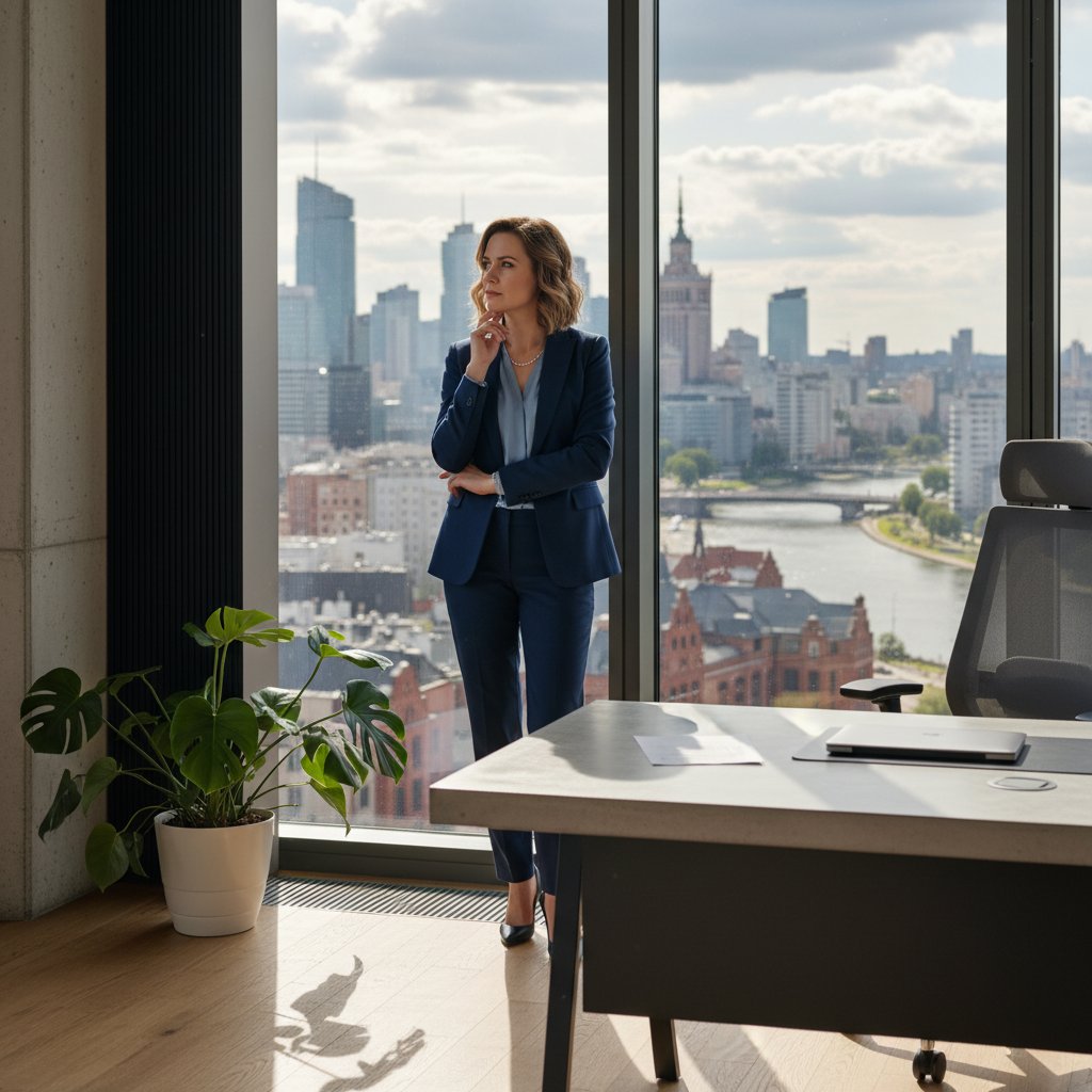 Kobieta siedząca przy biurku, patrząca zamyślona przez okno, dokumenty i kubek kawy na stole