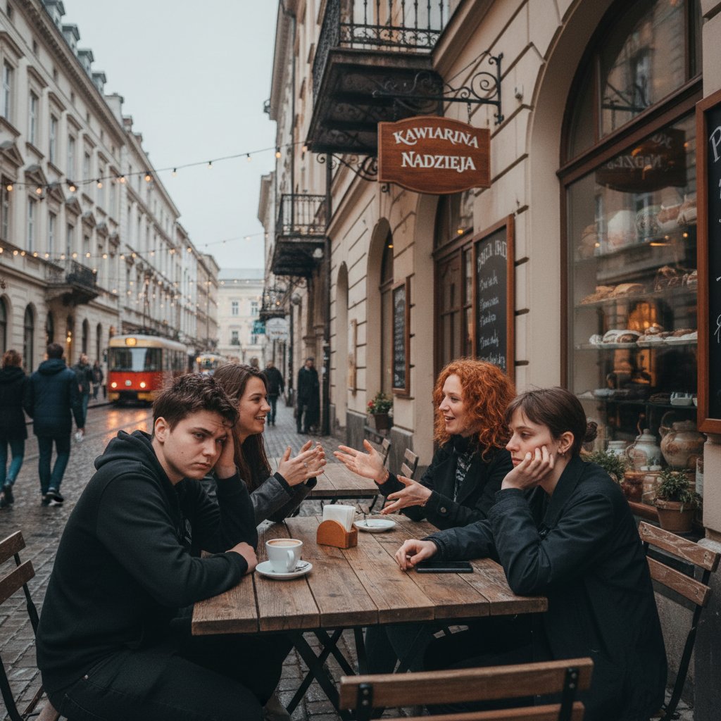 Trzy osoby siedzące w kawiarni, jedna wyraźnie zamyślona i przygnębiona, reszta milczy – polski kontekst relacji
