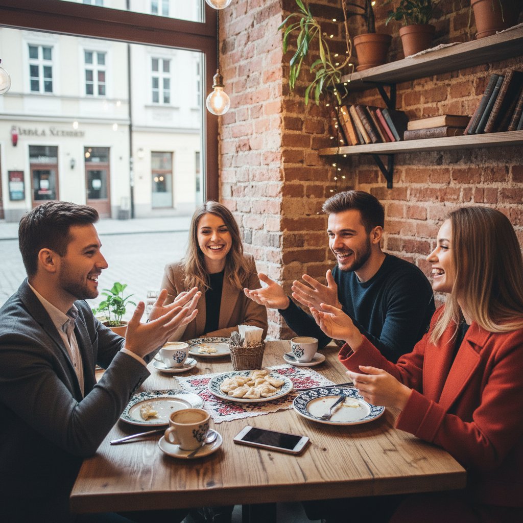 Grupa ludzi rozmawia przy stoliku w polskiej kawiarni, kontrast ze smartfonem leżącym obok