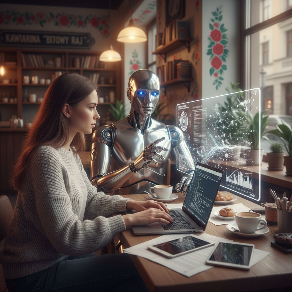 Polska kawiarnia, przy stole siedzi programistka i humanoidalny robot, oboje analizują dane na laptopie, atmosfera partnerska